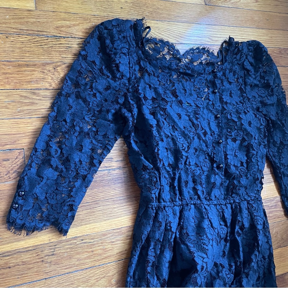 Vintage 80s Victorian Fully Lined Black Lace Half Sleeve Midi Dress Size 2